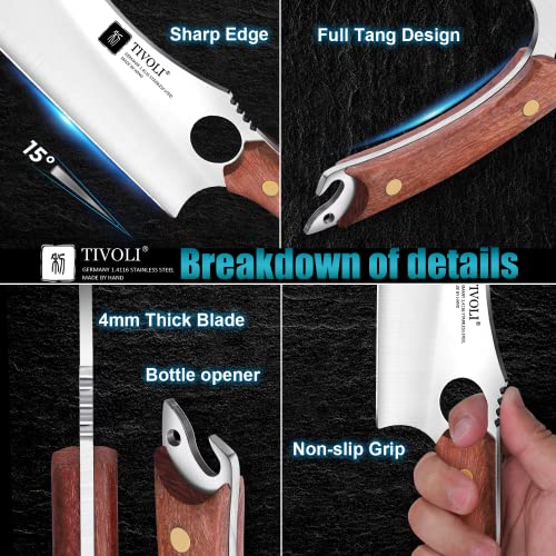 TIVOLI Meat Cleaver Knife Japanese Kitchen Vegetable Knife Sharp Forged In Fire Full Tang Cleaver Knife with Sheath Gift Box Bottle Opener for Outdoor Camping Thanksgiving Christmas Gifts