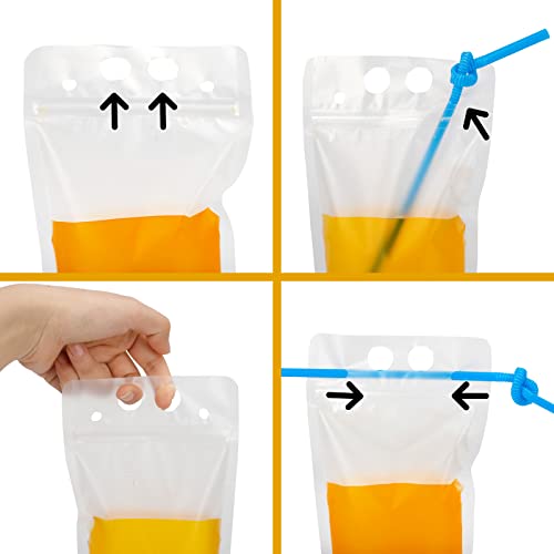 Tomnk 200PCS Drink Pouches for Adults with Straws, Heavy Duty Hand-held Translucent Reclosable Plastic Smoothie Drink Pouches with 200 Straws