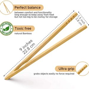 Wooden Toaster Tongs 2 PCs | Bamboo Kitchen Utensils For Cooking & Holding Toast Bacon Muffin Fruits, Pickles, Cheese Bagel Bread Ultra Grip | 9 Inch Long Natural Toxic Free