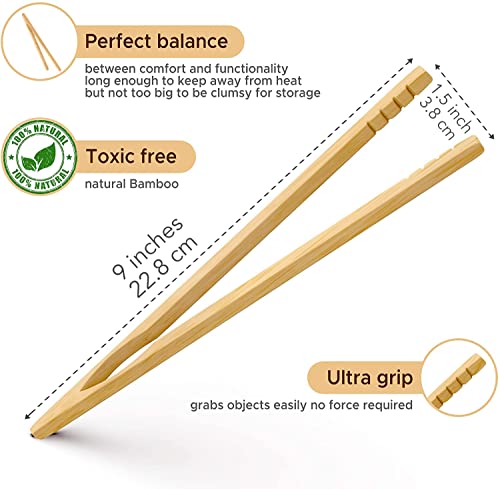 Wooden Toaster Tongs 2 PCs | Bamboo Kitchen Utensils For Cooking & Holding Toast Bacon Muffin Fruits, Pickles, Cheese Bagel Bread Ultra Grip | 9 Inch Long Natural Toxic Free