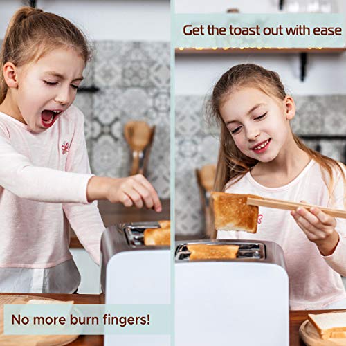 Wooden Toaster Tongs 2 PCs | Bamboo Kitchen Utensils For Cooking & Holding Toast Bacon Muffin Fruits, Pickles, Cheese Bagel Bread Ultra Grip | 9 Inch Long Natural Toxic Free