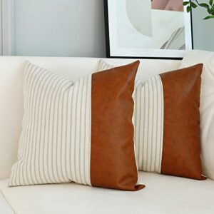 throw pillow covers,pillow covers 24x24,khaki stripes textured cotton faux leather stitching square farmhouse pillow covers home decorative for sofa couch chair bedroom sets of 2
