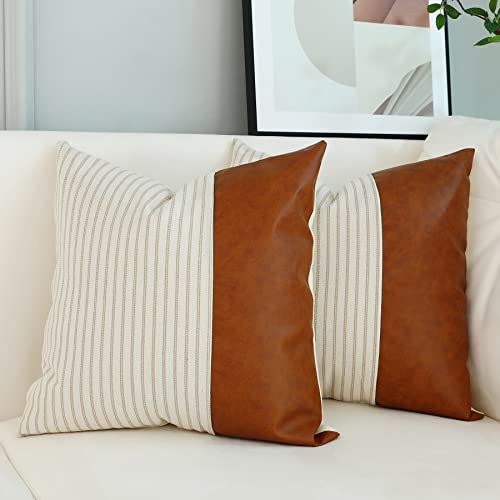 Throw Pillow Covers,Pillow Covers 24x24,Khaki Stripes Textured Cotton Faux Leather Stitching Square Farmhouse Pillow Covers Home Decorative for Sofa Couch Chair Bedroom Sets of 2