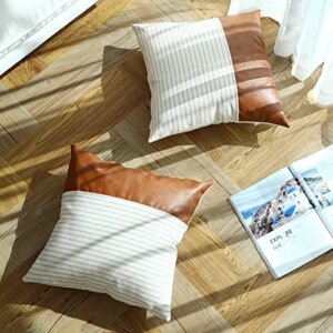 Throw Pillow Covers,Pillow Covers 24x24,Khaki Stripes Textured Cotton Faux Leather Stitching Square Farmhouse Pillow Covers Home Decorative for Sofa Couch Chair Bedroom Sets of 2