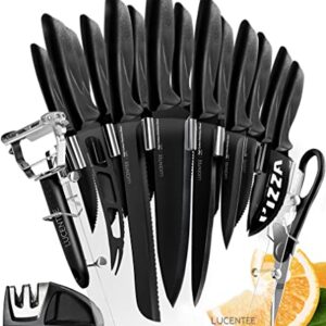 17pc Kitchen Knife Set, Kitchen Gadgets with Steak Knives, Knives Set for Kitchen, Chef Knife Set, Black Knife Set, Ultra-Sharp Ergonomic Steak Knife Set with Scissors, Peeler and Knife Sharpener