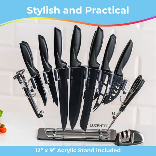 17pc Kitchen Knife Set, Kitchen Gadgets with Steak Knives, Knives Set for Kitchen, Chef Knife Set, Black Knife Set, Ultra-Sharp Ergonomic Steak Knife Set with Scissors, Peeler and Knife Sharpener