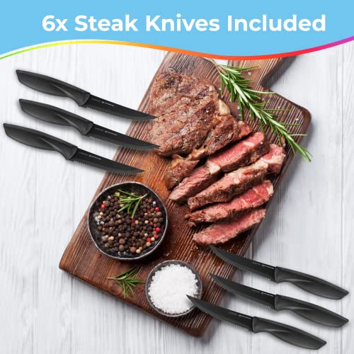 17pc Kitchen Knife Set, Kitchen Gadgets with Steak Knives, Knives Set for Kitchen, Chef Knife Set, Black Knife Set, Ultra-Sharp Ergonomic Steak Knife Set with Scissors, Peeler and Knife Sharpener