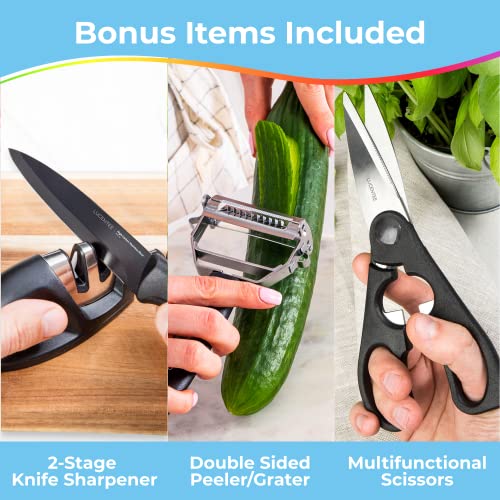 17pc Kitchen Knife Set, Kitchen Gadgets with Steak Knives, Knives Set for Kitchen, Chef Knife Set, Black Knife Set, Ultra-Sharp Ergonomic Steak Knife Set with Scissors, Peeler and Knife Sharpener