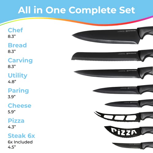 17pc Kitchen Knife Set, Kitchen Gadgets with Steak Knives, Knives Set for Kitchen, Chef Knife Set, Black Knife Set, Ultra-Sharp Ergonomic Steak Knife Set with Scissors, Peeler and Knife Sharpener