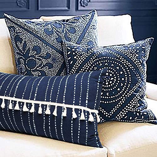 Flber Decorative Pillows Throw Pillow Tassel Sham Couch Pillowcase Cushion Covers,12"X27" (Indigo)