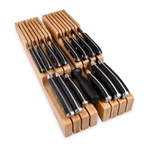 in-drawer bamboo knife block - holds 14 knives plus a slot for your knife sharpener, premium knife drawer organizer, perfect knife organizer drawer insert or drawer knife holder (2" tall, 17" deep)