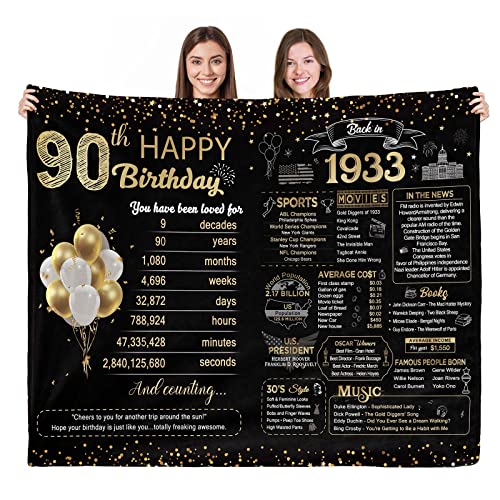 Yomaisky 90th Birthday Gifts for Women Men 1933 90th Birthday Blanket Gift for Mom Dad Grandparents 90 Year Old Birthday Gift Idea for Grandparents 90th Birthday Decorations Blanket 60x50Inch