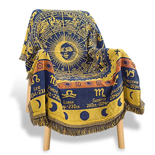 Zodiac Throw Blanket，Edcooy Boho Hippie Woven Witchy Astrology Celestial Constellation Balnket for Home Decor, Double Side Cover Chair Sofa Couch(Yellow,S 51" x 71")