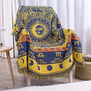 Zodiac Throw Blanket，Edcooy Boho Hippie Woven Witchy Astrology Celestial Constellation Balnket for Home Decor, Double Side Cover Chair Sofa Couch(Yellow,S 51" x 71")