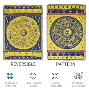 Zodiac Throw Blanket，Edcooy Boho Hippie Woven Witchy Astrology Celestial Constellation Balnket for Home Decor, Double Side Cover Chair Sofa Couch(Yellow,S 51" x 71")