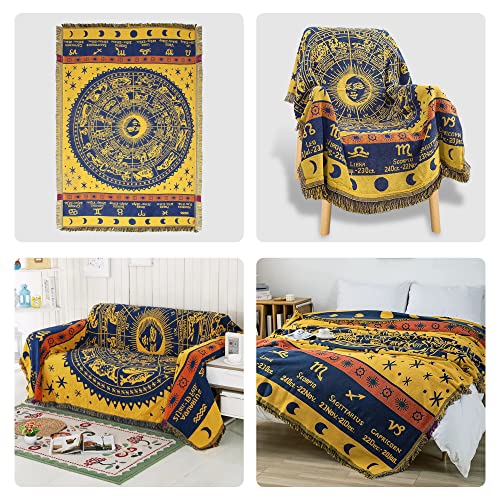 Zodiac Throw Blanket，Edcooy Boho Hippie Woven Witchy Astrology Celestial Constellation Balnket for Home Decor, Double Side Cover Chair Sofa Couch(Yellow,S 51" x 71")