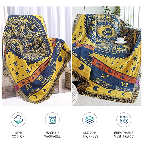 Zodiac Throw Blanket，Edcooy Boho Hippie Woven Witchy Astrology Celestial Constellation Balnket for Home Decor, Double Side Cover Chair Sofa Couch(Yellow,S 51" x 71")