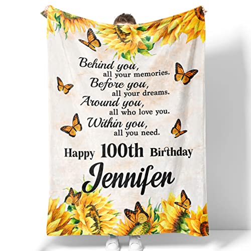 100 Years Old Sunflower Fleece Sherpa Throw Blanket Motivational Gifts for Women Girls Sister Godmother Custom Happy 100th Birthday Gift Bed Chair Sofa Couch Home Decorations