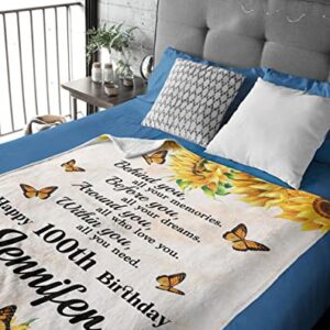 100 Years Old Sunflower Fleece Sherpa Throw Blanket Motivational Gifts for Women Girls Sister Godmother Custom Happy 100th Birthday Gift Bed Chair Sofa Couch Home Decorations