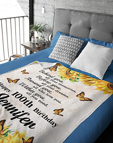 100 Years Old Sunflower Fleece Sherpa Throw Blanket Motivational Gifts for Women Girls Sister Godmother Custom Happy 100th Birthday Gift Bed Chair Sofa Couch Home Decorations