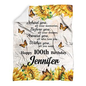 100 Years Old Sunflower Fleece Sherpa Throw Blanket Motivational Gifts for Women Girls Sister Godmother Custom Happy 100th Birthday Gift Bed Chair Sofa Couch Home Decorations