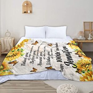 100 Years Old Sunflower Fleece Sherpa Throw Blanket Motivational Gifts for Women Girls Sister Godmother Custom Happy 100th Birthday Gift Bed Chair Sofa Couch Home Decorations