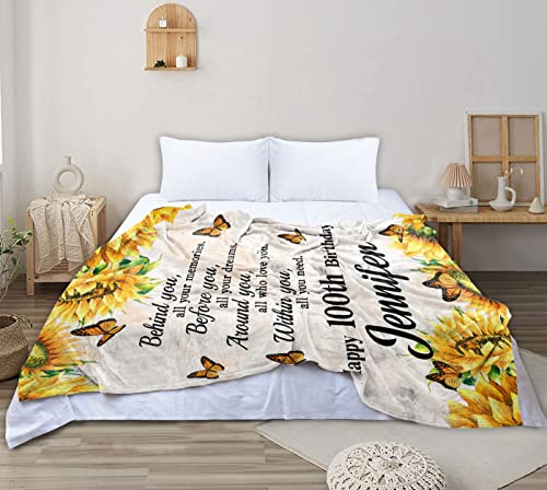 100 Years Old Sunflower Fleece Sherpa Throw Blanket Motivational Gifts for Women Girls Sister Godmother Custom Happy 100th Birthday Gift Bed Chair Sofa Couch Home Decorations