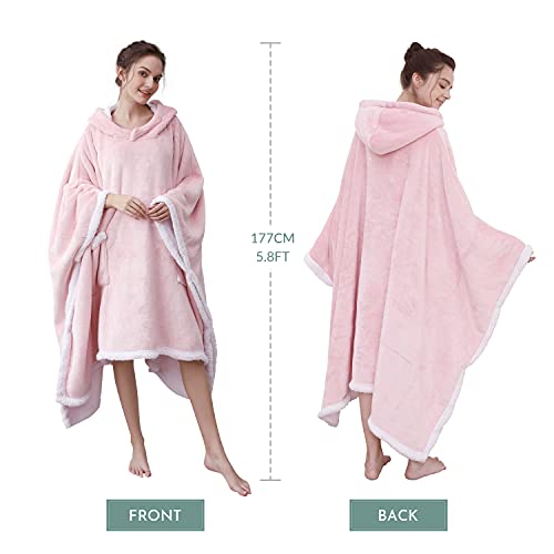 netoolen Wearable Blanket Poncho Women, 66 x 80 inches Blanket Hoodie Cape with Pockets, Dual- Used Keep Warm Cozy Sherpa Fleece Oversize Sweatshirt Throw for Home Office Couch Outdoor, Pink