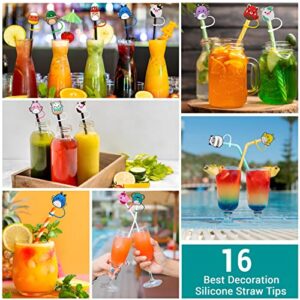 16Pcs Animal Straw Tips Cover Cap Reusable Silicone Straw Toppers Drinking Straw Tips Lids for 6-8 mm Cute Straws Plugs (Straw Not Included)