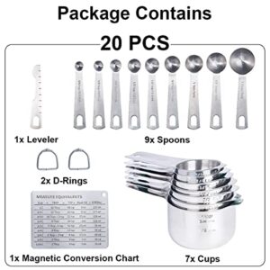 20PCS Measuring Cups and Measuring Spoons Set, Food-Grade Stainless Steel Measure Cup Set for Cooking Baking Measurement, Including 7 Cups, 9 Spoons, Level, Magnetic Chart, Stackable Measuring Set