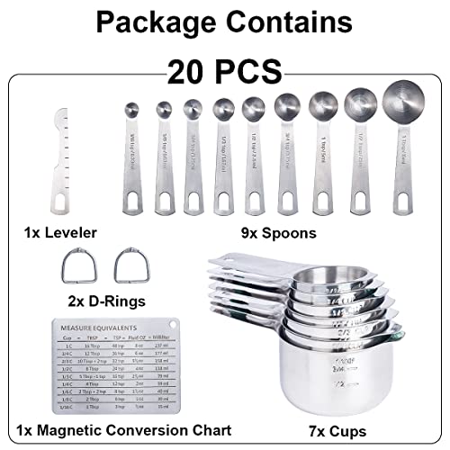20PCS Measuring Cups and Measuring Spoons Set, Food-Grade Stainless Steel Measure Cup Set for Cooking Baking Measurement, Including 7 Cups, 9 Spoons, Level, Magnetic Chart, Stackable Measuring Set