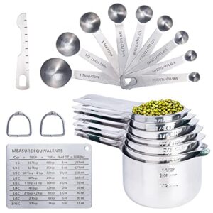 20pcs measuring cups and measuring spoons set, food-grade stainless steel measure cup set for cooking baking measurement, including 7 cups, 9 spoons, level, magnetic chart, stackable measuring set