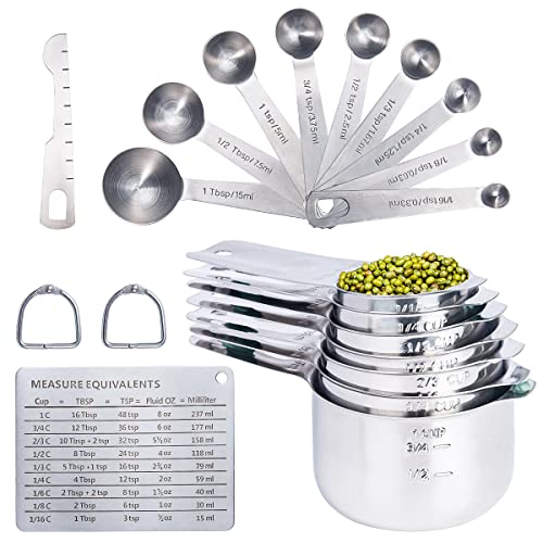 20PCS Measuring Cups and Measuring Spoons Set, Food-Grade Stainless Steel Measure Cup Set for Cooking Baking Measurement, Including 7 Cups, 9 Spoons, Level, Magnetic Chart, Stackable Measuring Set