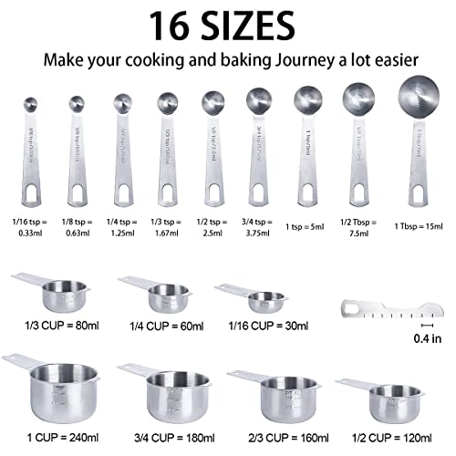 20PCS Measuring Cups and Measuring Spoons Set, Food-Grade Stainless Steel Measure Cup Set for Cooking Baking Measurement, Including 7 Cups, 9 Spoons, Level, Magnetic Chart, Stackable Measuring Set