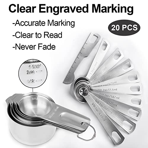 20PCS Measuring Cups and Measuring Spoons Set, Food-Grade Stainless Steel Measure Cup Set for Cooking Baking Measurement, Including 7 Cups, 9 Spoons, Level, Magnetic Chart, Stackable Measuring Set