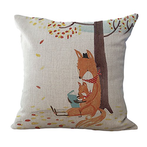 ChezMax Cute Fox Pattern Cushion Cover Cotton Linen Pillowslip Square Decorative Throw Pillow Case 18 X 18''