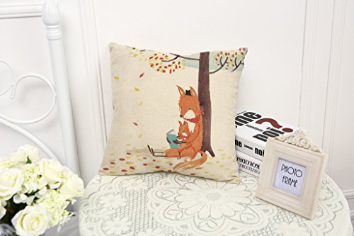 ChezMax Cute Fox Pattern Cushion Cover Cotton Linen Pillowslip Square Decorative Throw Pillow Case 18 X 18''