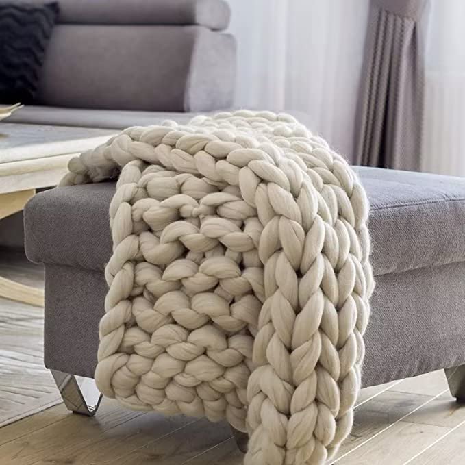 Beige Chunky Knit Blanket Throw Luxury Warm Knited Blanket for Couch/Sofa/Bed Decor Giant Knitted Blanket Boho Thick Cable Throw Blanket(40x40in)