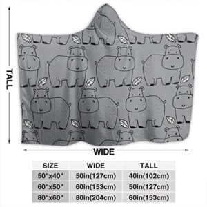 ARAHANT Cute Hippo Hooded Blanket, Cartoon Animal Hooded Blanket,  Hippopotamus Gift for Kid, Flannel, Soft and Comfortable, Suitable for Sofa, Living Room, Bedroom, 60'' x 80'' for Adult