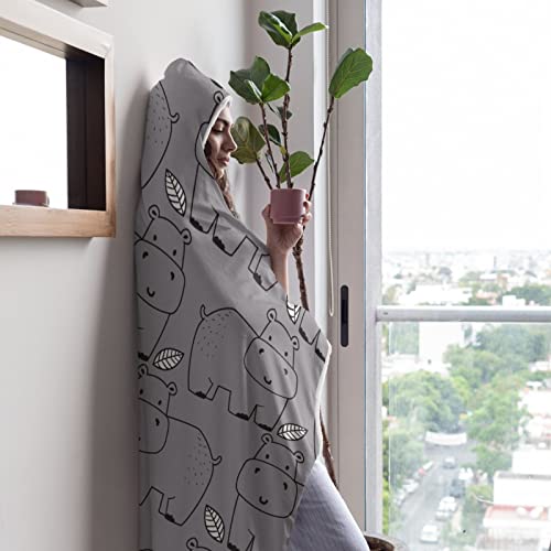 ARAHANT Cute Hippo Hooded Blanket, Cartoon Animal Hooded Blanket,  Hippopotamus Gift for Kid, Flannel, Soft and Comfortable, Suitable for Sofa, Living Room, Bedroom, 60'' x 80'' for Adult