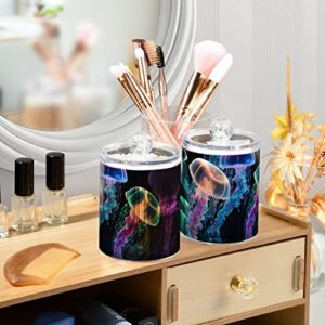 Vnurnrn Plastic Jars with Lid (Glowing Sea Jellyfish), Bathroom Vanity Canisters Storage Organizer for Cotton Balls, Swabs, Pads,Bath Salts, 4 Pack