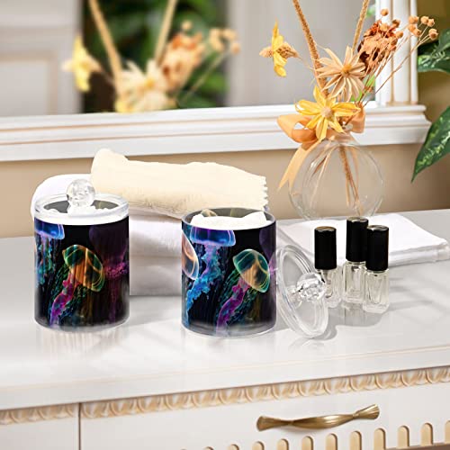 Vnurnrn Plastic Jars with Lid (Glowing Sea Jellyfish), Bathroom Vanity Canisters Storage Organizer for Cotton Balls, Swabs, Pads,Bath Salts, 4 Pack