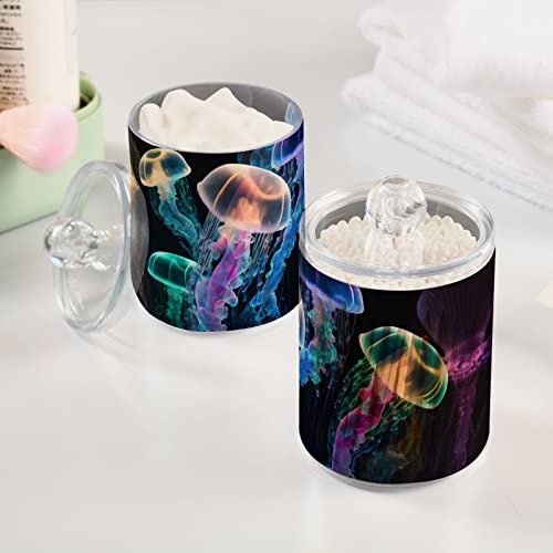 Vnurnrn Plastic Jars with Lid (Glowing Sea Jellyfish), Bathroom Vanity Canisters Storage Organizer for Cotton Balls, Swabs, Pads,Bath Salts, 4 Pack