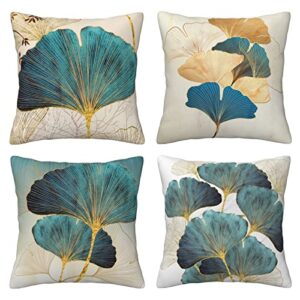 lohdalolf teal and gold pillow covers set of 4 turquoise leaf floral pillow cases modern simple style decorative cushion covers for sofa couch 18x18 inch