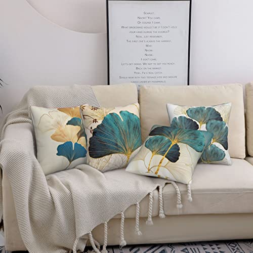 LOHDALOLF Teal and Gold Pillow Covers Set of 4 Turquoise Leaf Floral Pillow Cases Modern Simple Style Decorative Cushion Covers for Sofa Couch 18x18 Inch