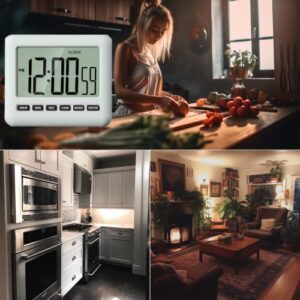 MOUISITON Magnetic Clock Kitchen Digital Timer with Alarm, 12/24 Hours Big Screen Loud Alarm & Strong Magnet, Count-Up & Count Down for Kitchen Baking Sports Games Office Study (Black)