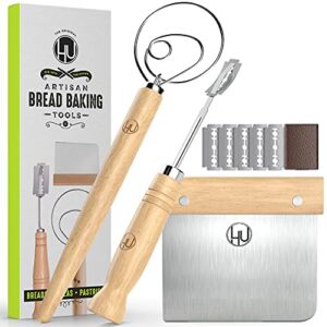bread making tools and supplies - set of 3 - danish dough whisk, bread lame, bench scraper - dough hook with bread scraper, lame bread tool, blades - great for baking sourdough, pizza, pastry by lhu