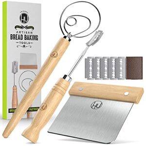 Bread Making Tools and Supplies - Set of 3 - Danish Dough Whisk, Bread Lame, Bench Scraper - Dough Hook with Bread Scraper, Lame Bread Tool, Blades - Great for Baking Sourdough, Pizza, Pastry by LHU