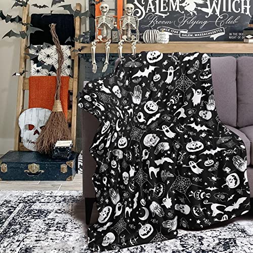 Black Halloween Blanket Witchy Blanket Hallloween Throw Blanket Pumpkin Skull bat Ghost Blanket Hallloween Gifts Soft Fuzzy Fleece Blanket for Sofa Bed Couch Chair Dorm 60"X50"