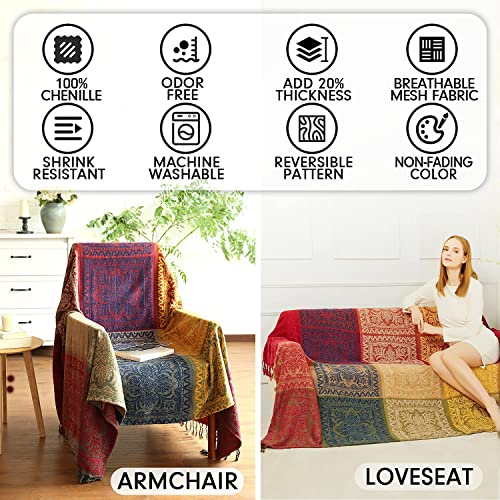 FinalNest Bohemian Tribal Throws Blankets Reversible Colorful Red Blue Boho Hippie Chenille Jacquard Fabric Throw Covers Large Couch Furniture Sofa Chair Loveseat Recliner Oversized (Red,S:75x60)